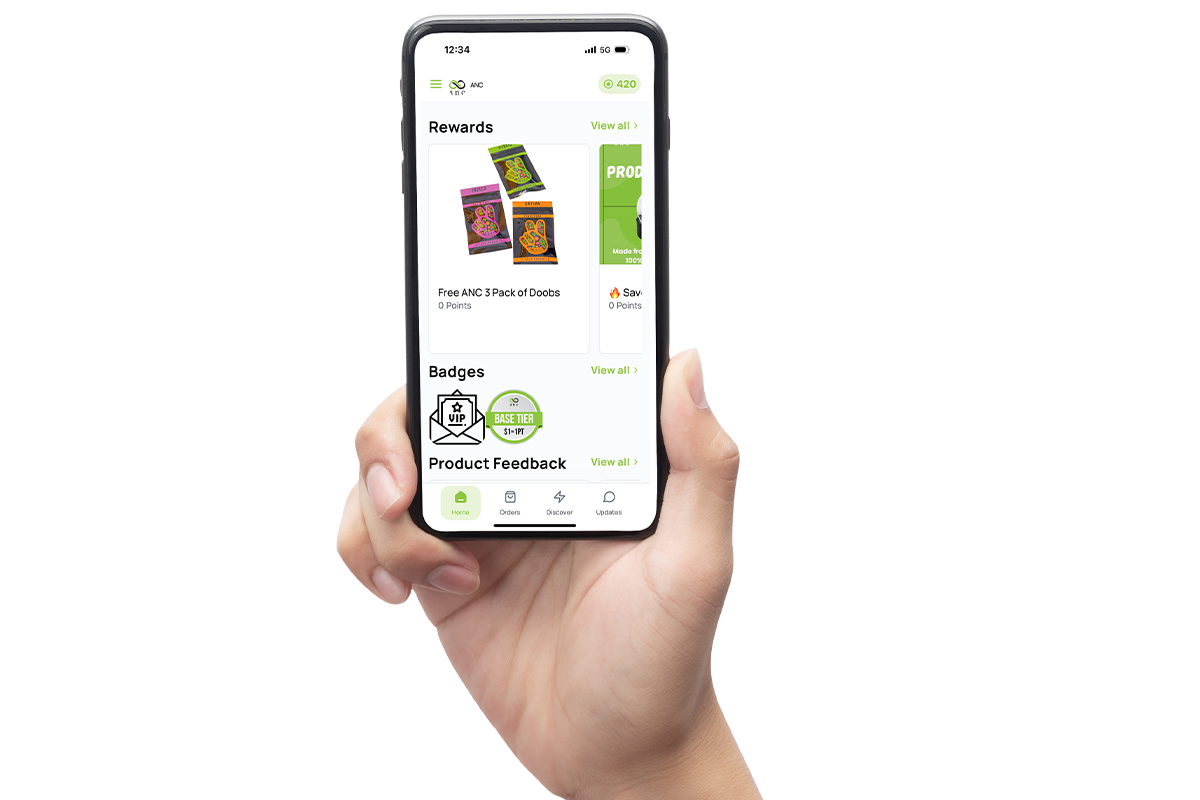 Hand holding phone with anc dispensary app