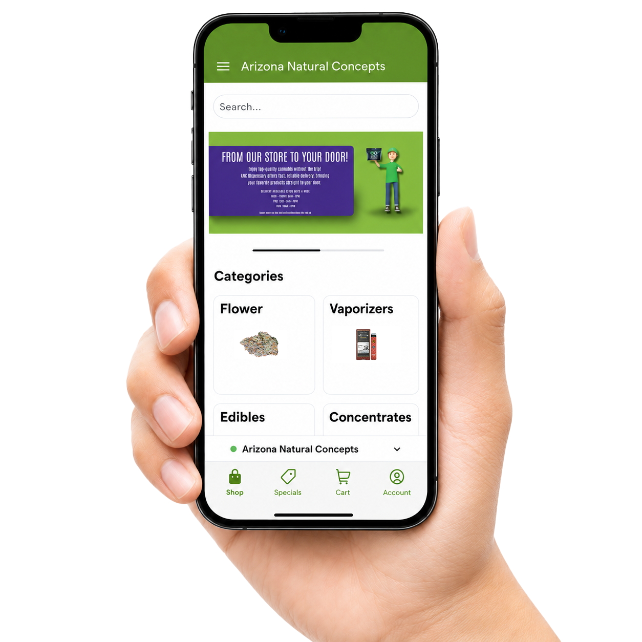 Hand holding a phone displaying the ANC Dispensary app